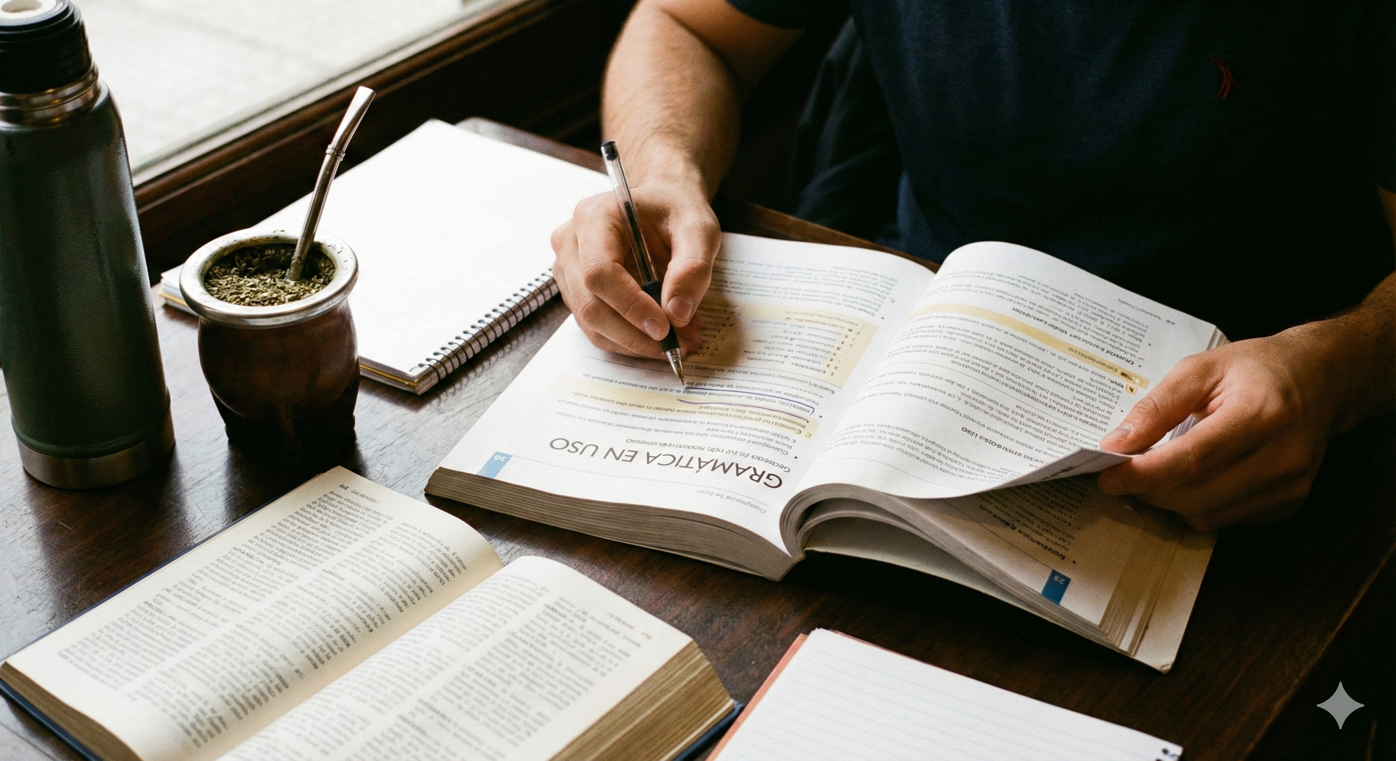 Estudiante escribiendo con mate